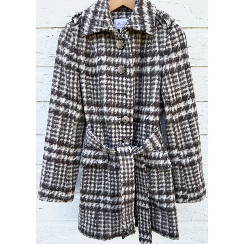 Laundry by Shelli Segal Trench Coat Sz 4 Houndstooth Check Tweed Preppy Business